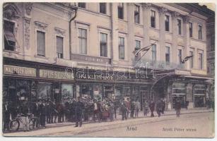 1916 Arad, Atzél Péter utca, Wallfisch Ármin, Husserl M. és Ifj. Klein Mór üzletei, Aradi Ipar és Népbank, Hungária biztosító. Husserl M. kiadása / street view with shops, bank, insurance company (Rb)