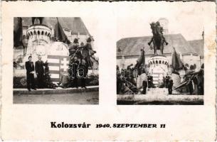 1940 Kolozsvár, Cluj; bevonulás szeptember 11-én, magyar címer díszítés a Mátyás király szobor lábánál / entry of the Hungarian troops, coat of arms at the statue. photo (ragasztónyom / gluemark)