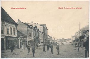 1908 Marosvásárhely, Targu Mures; Szent György utca, Nagy Sándor gyógyszertára, üzletek, étterem / street, pharmacy, shops, restaurant (apró szakadás / tiny tear)