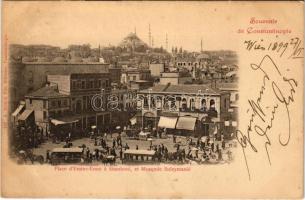 1899 (Vorläufer) Constantinople, Istanbul; Place dEmine-Eunu a Stamboul, et Mosquée Suleymanie / square, mosque, shop of F. Basilon, horse-drawn trams