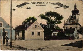 1918 Fischamend, Kirchenplatz / square, church. Montage with aircrafts (EB)