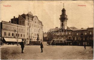 Cieszyn, Teschen; Demelplatz / square, tram (wet damage)