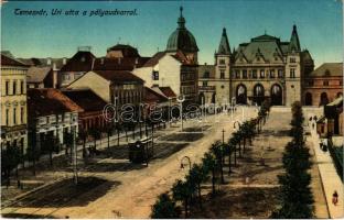 1918 Temesvár, Timisoara; Úri utca a pályaudvarral, vasútállomás, villamos, üzletek / street view, railway station, tram, shops (EK)
