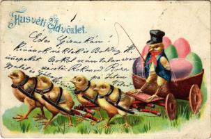1901 Húsvéti üdvözlet, csibe kocsi / Easter greeting, chicken cart. litho