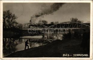 1940 Dés, Dej; Szamos híd, gőzmozdony, vonat, magyar katonák / Somes river bridge, locomotive, train, Hungarian soldiers. photo (EK)