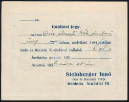1935 Steinberger Jenő órás és ékszerész fiókja, Bánhida jótállási jegy