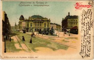 1902 Budapest VIII. Népszínház és Kerepesi út, villamos. Erdélyi cs. és kir. udvari fényképész felvételei után. litho (EK)