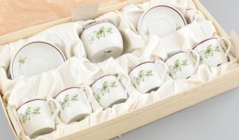 Hollóházi mokkás csésze, 6db és cukortartó 1db, eredeti dobozban, jelzett, hibátlan,