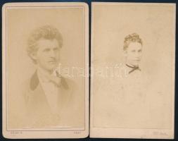 cca 1868 Férfi és nő portréja, 2 db keményhátú fotó Gévay Béla, ill. Dr. Heid pesti műterméből, vizitkártya, kissé koszos, 10x6,5 cm