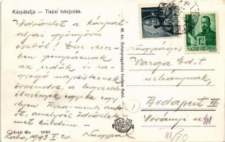 1943 Kárpátalja, Tiszai tutajozás / rafting on river Tisa + kétnyelvű bélyegzés / bilingual cancella...