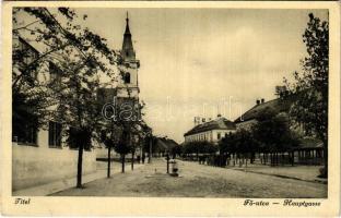 1942 Titel, Fő utca, templom. Nonnenmacher Endre és fia kiadása / Hauptgasse / main street, church (EB)