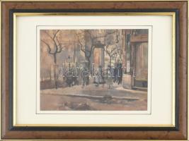 Olvashatatlan jelzéssel: Nagyvárosi utca. Akvarell, papír. Üvegezett fakeretben. 15,5×20,5 cm