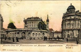 1908 Wien, Vienna, Bécs I. Albrechts-Platz mit Albrechtsbrunnen und Monument, Augustinerstrasse, Mozartdenkmal / square, fountain, statue, street