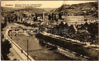Sarajevo, Miljacka sa latinnskom cuprijom / Fluss mit Lateinerbrücke / river and bridge + K.u.k. Milit. Post. Bos. Brod