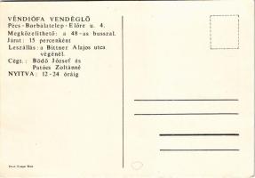 Véndiófa vendéglő térképes reklám képeslap. Pécs-Borbálatelep, Előre u. 4. Cégt.: Bödő József és Pat...