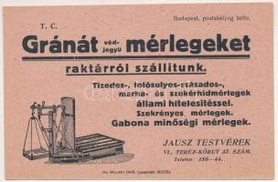 Jausz Testvérek golyóscsapágyak, faszíjkorongok, pamut- és bőrszíjak, mérlegek. Budapest, Teréz körú...