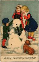 1928 Boldog karácsonyi ünnepeket! hóember / Christmas greeting, snowman. litho
