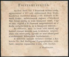 cca 1830 Kolozsvár, Az Erd. Préd. Tár szerkesztőjének figyelmeztetése (információja) a II. füzet megjelenéséről és az előfizetés összegéről