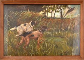 Radich Péter: Fácánt vadászó kutyák. Olaj, papír, jelzett, datált 1911. Kis felületi sérülésekkel, üvegezett fakeretben. 32x49cm