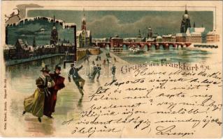 1900 Gruss aus Frankfurt, ice sakting, winter sport, rink. Gebr. Künzi Art Nouveau, litho + (T)OLNA - WIEN / téli sport, korcsolyázók