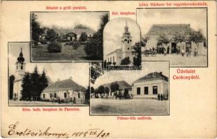 1909 Csokonya, Csokonyavisonta; Római katolikus templom és parókia, Református templom, Pittner féle szálloda, Löwy Márkusz fiai üzlete és saját kiadása (EK)