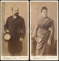 1895 Halmy József Béla losonci (Felvidék) fényképész és felesége keményhátú fotója, 2 db, saját kartonján, szép állapotban, 20,5×9,5 cm
