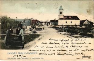 1909 Balatongyörök, utca, templom. Nádai Ignác kiadása + "BALATON SZENT GYÖRGY - UKK 197 A" vasúti mozgóposta bélyegző (EB)