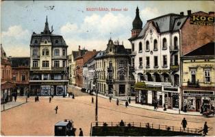 1914 Nagyvárad, Oradea; Bémer tér, Koch Testvérek férfi, fiú és leány ruha áruháza, Kertész Dezső, Erdős és Grünfeld áruháza, Markovits és Weinberger üzlete, fogorvos, perzsa szőnyegek kiárusítása, Angol és francia női szabóság, Biztosítási iroda, drogéria. Boros Jenő kiadása / square, shops, insurance company, dentist (EK)