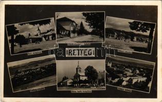 1944 Retteg, Reteag; Református és Római katolikus templom, Fő utca, iskola, Fő tér / churches, main street, school