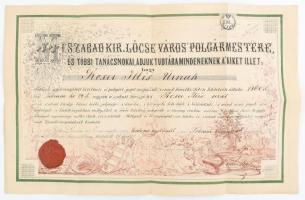1868 Lőcse, városi polgárok közé felvételt igazoló oklevél a főjegyző aláírásával 1Fl illetékbélyeggel. Litográfia / Levoca, SK, warrant for citizen of the city. Litography 45x30 cm,