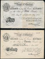 1932 Bank of England 5 fontos váltó, pénzjegy, két darab
