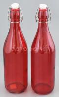 Piros csatos üveg párban (2 db), kis kopásnyomokkal, m: 32 cm