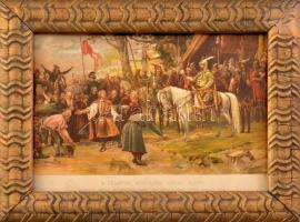 cca 1900 Munkácsy Mihály (1844-1900) festménye és Neogrády Antal (1861-1942) akvarellje után: A szlávok hódolása Árpád előtt. Nyomat, papír, jelzett a nyomaton. Dekoratív, üvegezett fakeretben. 12x18,5 cm