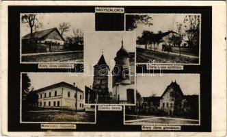 1942 Nagyszalonta, Salonta; Református nagyiskola, Csonka torony, Arany János és Zilahy Lajos szülőháza, Arany János gimnázium / schools, birth houses, tower (fl)