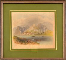 Bartlett, William Henry (1809-1854)-Cousen, Charles (1819-1889): Dürrenstein kastélya (Castle of Dürrenstein), akvarellel színezett acélmetszet, papír, jelzett a metszeten, üvegezett fakeretben, kissé foltos, 15x17 cm