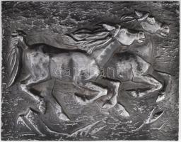Vágtató lovak. Öntött fém falikép, plasztika. Hátoldalán jelzett, 27x33 cm