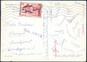 1954 Kabos Endre olimpiai bajnok kardvívó özvegyének küldött képeslap 19 aláírással, közte Bozsik József