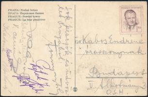 1954 Kabos Endre olimpiai bajnok kardvívó özvegyének küldött képeslap 9 aláírással, teniszezők: Katona Zoltán, Peterdy Márta, Tornyai Tibor