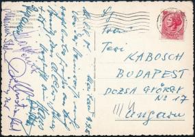 1955 Kabos Endre olimpiai bajnok kardvívó özvegyének küldött képeslap 8 aláírással sportolóktól