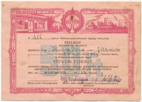 1951. SZÖVOSZ - Földművesszövetkezeti Részjegy névre szóló részjegye 50Ft-ról, kitöltve, bélyegzéssel T:III folt, kis szakadás
