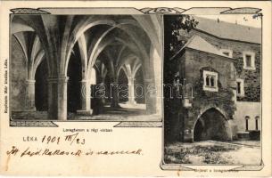 1909 Léka, Lockenhaus; Lovagterem a régi várban, Bejárat a lovagterembe. Kopfstein Mór kiadása / castle, interior. Art Nouveau (fl)