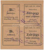 ~1944-1945 (?) Győr / Nádorváros. "Zsír-jegy hatósági zsírszalonnára" (2x) "D szelvény 1-2" felülbélyegzéssel T:II