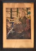 Perlmutter Izsák (1866-1932)-Prihoda István (1891-1956): Anya gyermekével. Színezett rézkarc, papír, jelzett (Perlmutter Izsák, Prihoda), sérült. Üvegezett fakeretben, üveg repedt, 22,5x19 cm