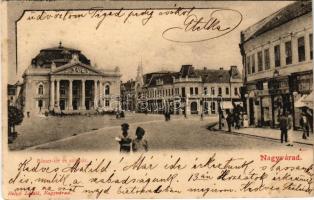 1902 Nagyvárad, Oradea; Bémer tér, színház, Berger, Fehér János és Tóth Ferenc üzlete. Helyfi László kiadása / square, theatre, shops (fl)