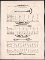 1938 Fúrók, fűrészek, reszelők, csavarok ártáblái kartonlapra ragasztva, 8 oldalon