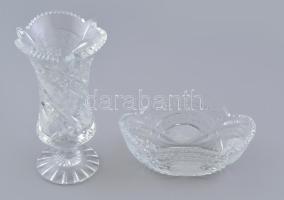 Dekoratív, talpas kristály váza, m: 21 cm + ovális kínáló, bonbonier, 19x11x7 cm