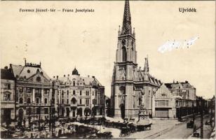 Újvidék, Novi Sad; Ferenc József tér, piac, templom. Urbán Ignác kiadása / market,church (ragasztónyomok / gluemarks)