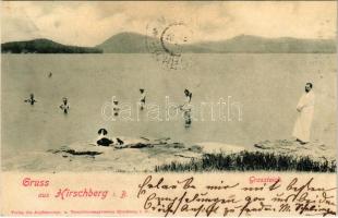 1899 (Vorläufer) Doksy, Hirschberg i. Böhmen; Grossteich / lake, bathers (fl)