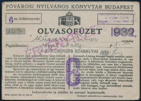 1932 Fővárosi Nyilvános Könyvtár Budapest olvasófüzete, belül okmánybélyeggel