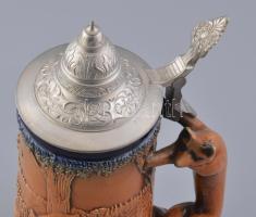 Gerzit német vadász korsó, rókás füllel, ón fedéllel, jelzett, hibátlan, m: 29 cm